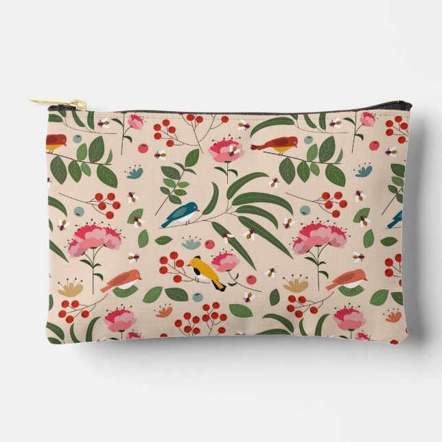 Pochette À Accessoires Oiseaux floraux dessinés à la main Abeilles Motif  (Recto)