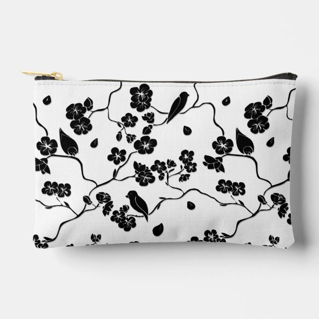 Pochette À Accessoires Oiseaux Motifs noirs et blancs sur les fleurs de c (Recto)