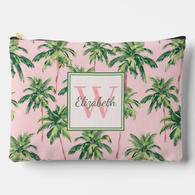 Pochette À Accessoires Palmiers tropicaux sur Monogramme rose (Recto)