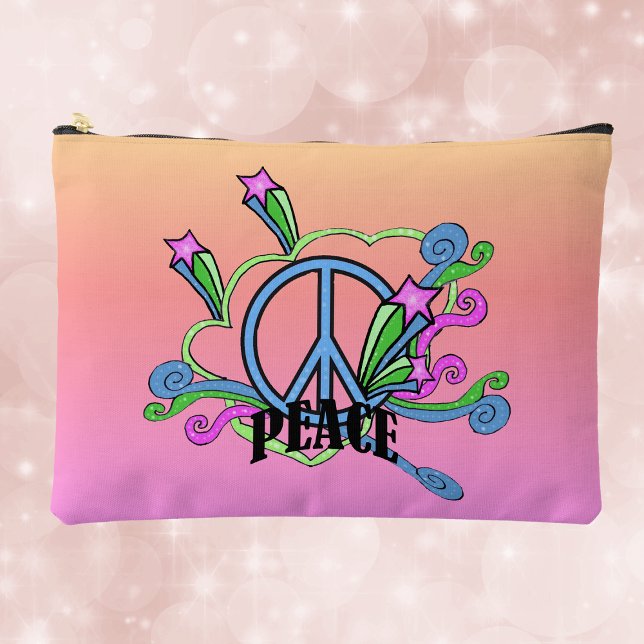 Pochette À Accessoires Panneau de Paix des années 1960 cool Scrolls Étoil (Cool 1960s peace sign with scrolls pink stars on pink fading to orange cosmetic bag.)