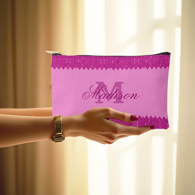 Pochette À Accessoires Parties scintillant rose fille zigzag, monogramme, (Créateur téléchargé)