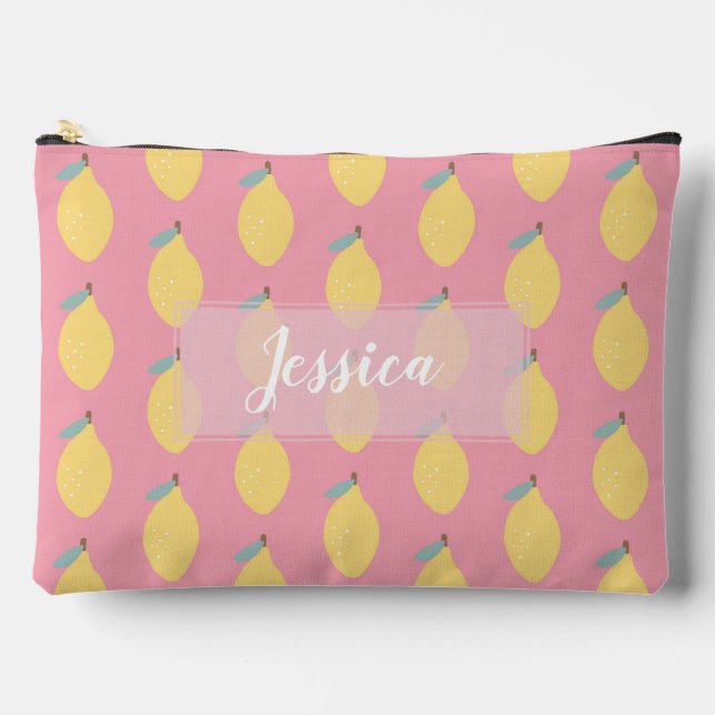 Pochette À Accessoires Pastel Citrons Jaunes Motif sur Rose Personnalisé (Recto)