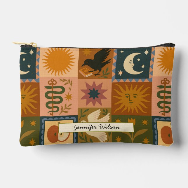 Pochette À Accessoires Patchwork céleste bohémien avec symboles mystiques (Recto)