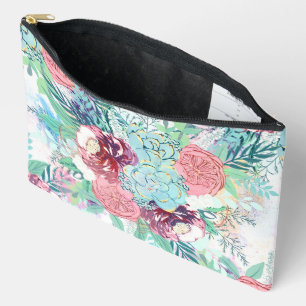 Pochette À Accessoires Peinture Main Rose Menthe Pivoine & Succulent Fleu