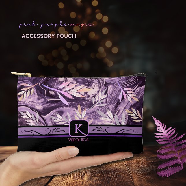 Pochette À Accessoires Pierre rose pourpre - Pierre rose - Monogramme mod (Purple Pink Gemstone Modern Monogram Accessory Pouch)
