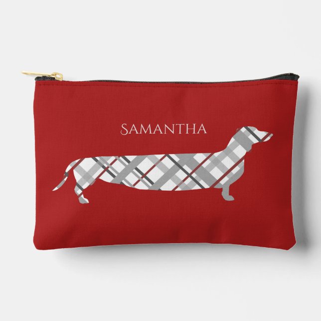 Pochette À Accessoires Plaid Dachshund sur Red Personnalisé (Recto)