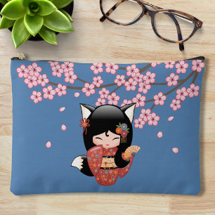 Pochette À Accessoires Poupée Kitsune Kokeshi - Black Fox Geisha Girl