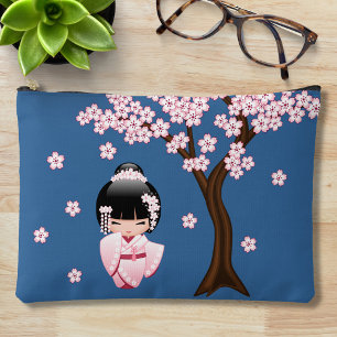 Pochette À Accessoires Poupée Kokeshi au kimono rose sur fond bleu