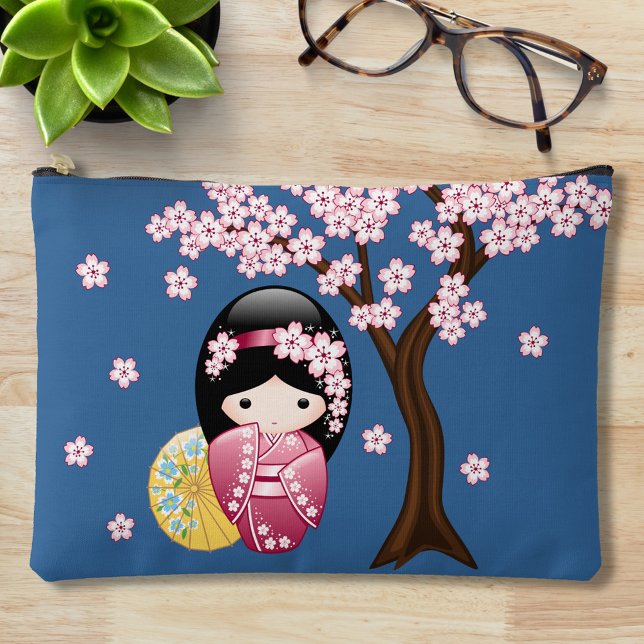 Pochette À Accessoires Poupée Kokeshi Spring - Cute Japonaise Geisha Blue (Créateur téléchargé)