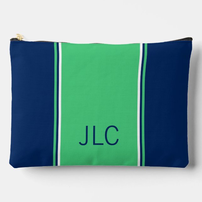 Pochette À Accessoires Preppy Green et Navy Blue Stripe Monogramme (Recto)