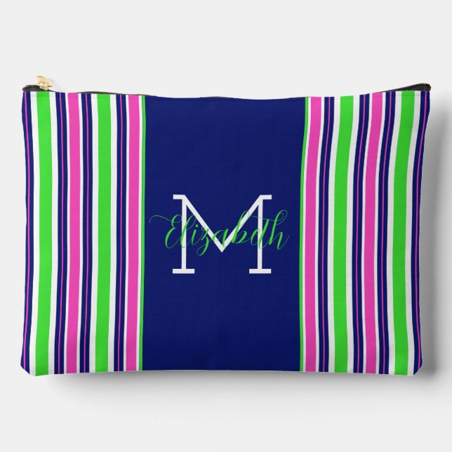 Pochette À Accessoires Preppy rose Green Navy Bleu Stripe Monogramme (Recto)