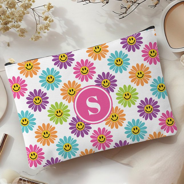 Pochette À Accessoires Retro Rainbow Happy Daisy Motif Monogramme (Créateur téléchargé)