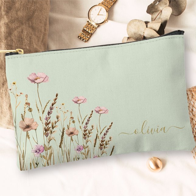 Pochette À Accessoires Rose Gold Floral Sage Vert Or Nom Monogramme (Créateur téléchargé)