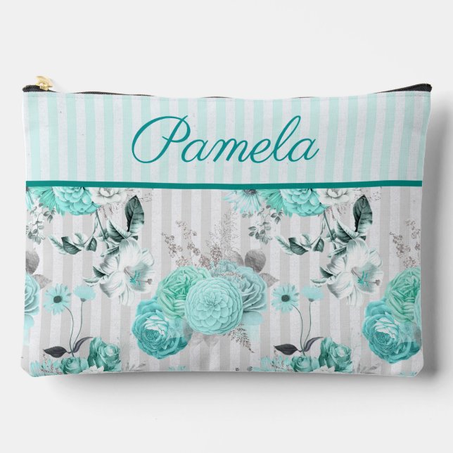 Pochette À Accessoires Roses bleu turquoise, Gris et Monogramme (Recto)