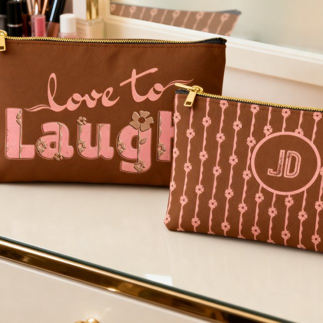 Pochette À Accessoires Rust Brown & Peach Large Text With Flowers (Cute two-sided hand drawn slogan in rusty brown with flower accents and custom initials on the back.)