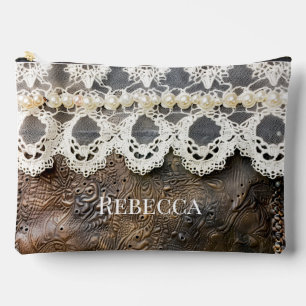 Pochette À Accessoires Rustique Occidental en cuir et dentelle antique Lg