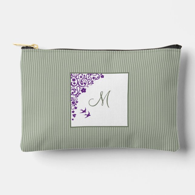 Pochette À Accessoires Sage Green Stripe Purple Floral Script Monogramme (Recto)