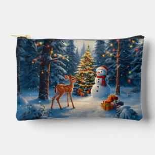 Pochette À Accessoires Scene d'arbre de Noël Cute Deer Fawn Snowman