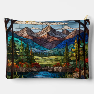 Pochette À Accessoires Scène de montagne boisée vitrail vintage