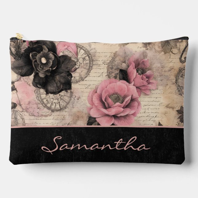 Pochette À Accessoires Steampunk victorien Floral rose et velours noir (Recto)
