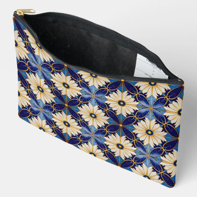 Pochette À Accessoires Stockage cosmétique Art Déco Floral Motif Or Bleu (Ouvrir)