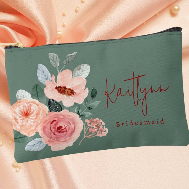 Pochette À Accessoires Style Floral Sage Green & Orange Peach Script (Créateur téléchargé)