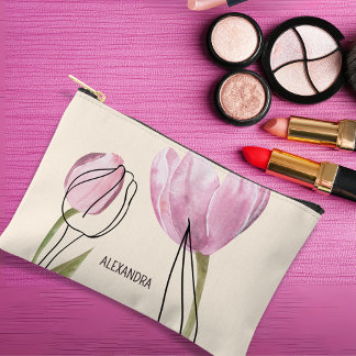 Pochette À Accessoires Tulipes de printemps Nom personnalisé Cosmétique o