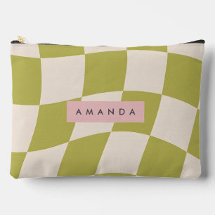 Pochette À Accessoires Vert olive personnalisé Vague à carreaux Rétro