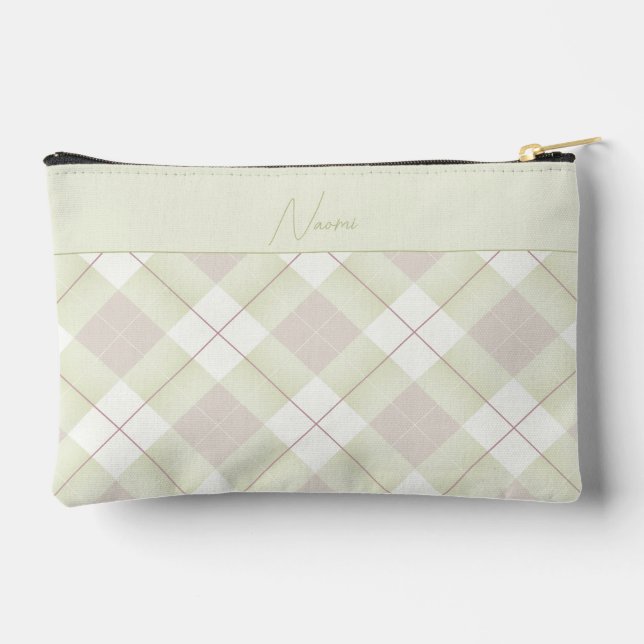 Pochette À Accessoires vert pâle et rose mauve plaid avec nom (Verso)