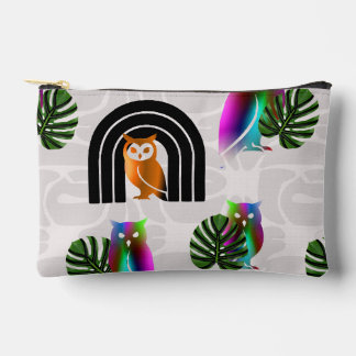 Pochette À Accessoires Whimsical Boho Owl & Tropical Monstera Leaf