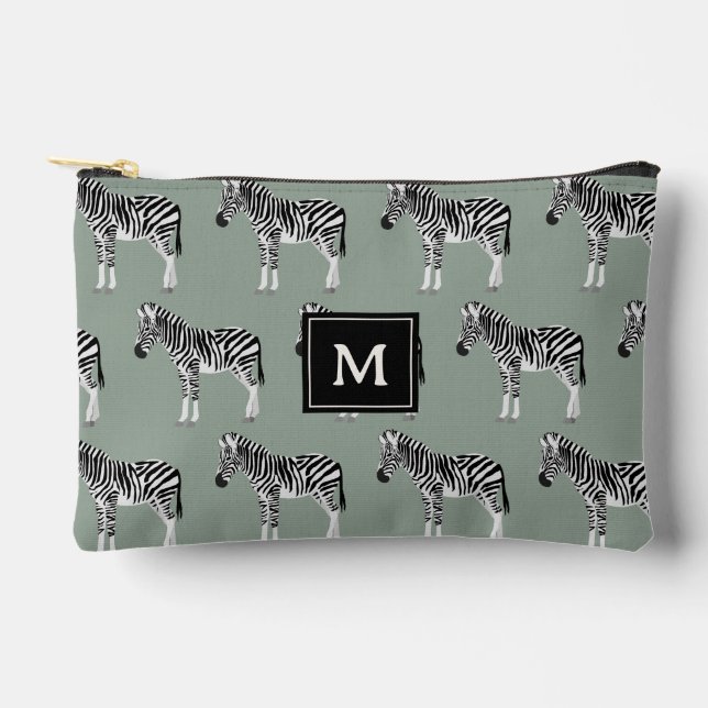 Pochette À Accessoires Zebra Exotic Animal Motif Sage Green Monogramme (Recto)