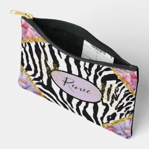 Pochette À Accessoires Zebra glam or scintille avec des roses légers