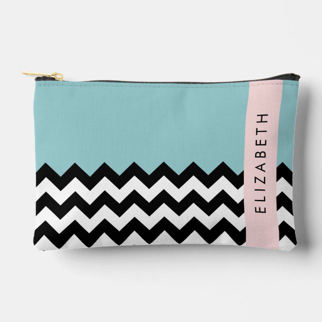 Pochette À Accessoires Zigzag noir et blanc, Chevron, Bleu, Votre nom (Recto)