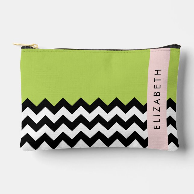 Pochette À Accessoires Zigzag noir et blanc, Chevron, Vert, Votre nom (Recto)