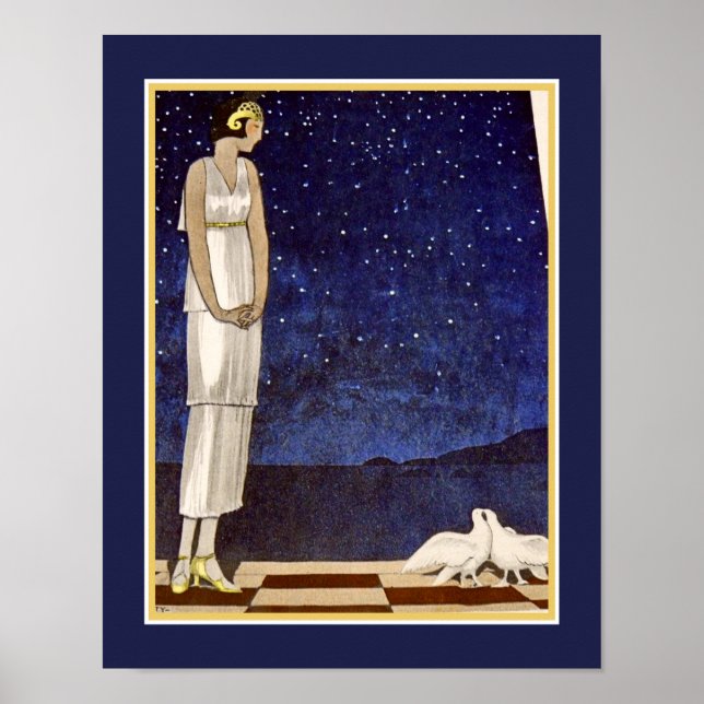 Pochoir Art Déco des années 1920 "Deux colombes" (Devant)