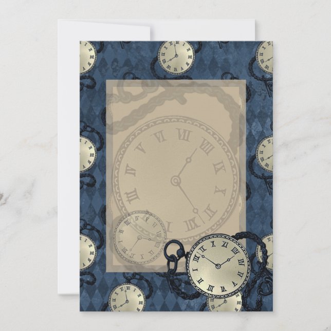 Pocket watches on blue diamond pattern background  invitation (Front)