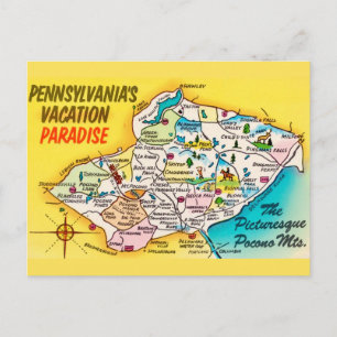  Pocono Mtns Vintage Map Postcard