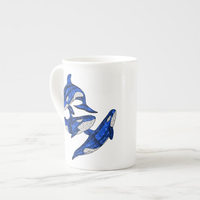 Pod Of 3 Tribal Orcas Bone China Mug (Front Left)