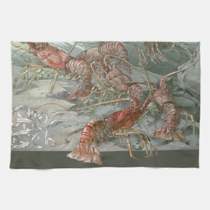 Pod of Lobsters in the Ocean, Vintage Art Nouveau Kitchen Towel