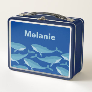 Pod of Whales Swimming Dark Blue Personalised Metal Lunch Box
