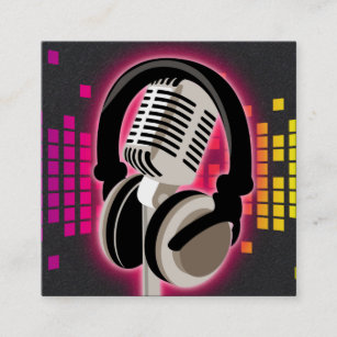 Podcast Glowing Microphone Headphones Pink Black Square Business Card