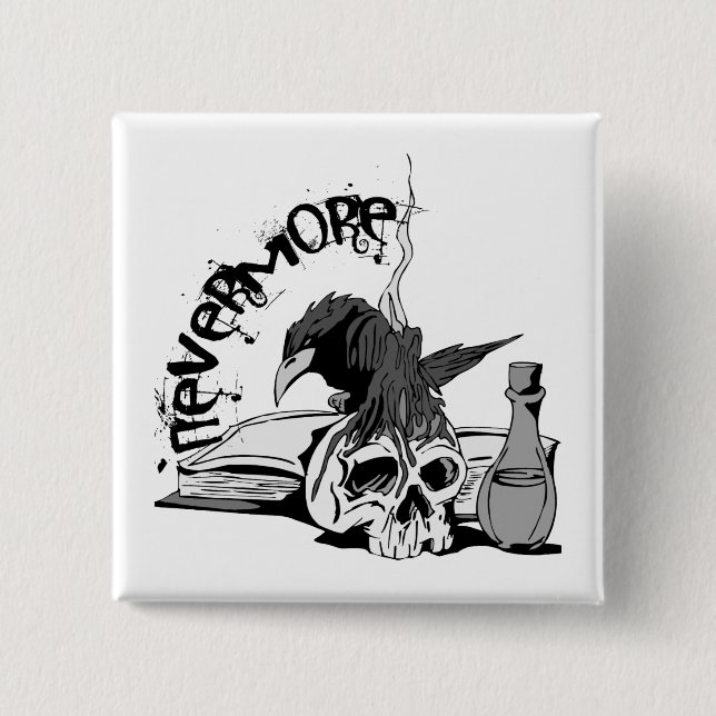 Poe Nevermore Raven Skull & Book 2 Inch Square Button (Front)