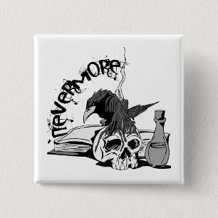 Poe Nevermore Raven Skull & Book 2 Inch Square Button