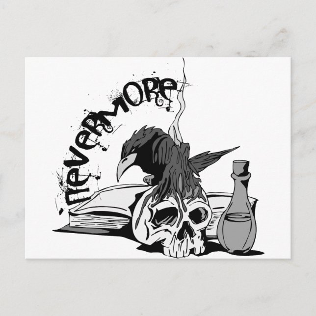 Poe Nevermore Raven Skull & Book Postcard (Front)