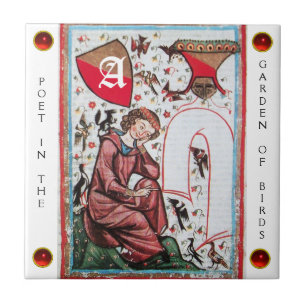 POET IN THE GARDEN OF BIRD MONOGRAM white red gem Tile