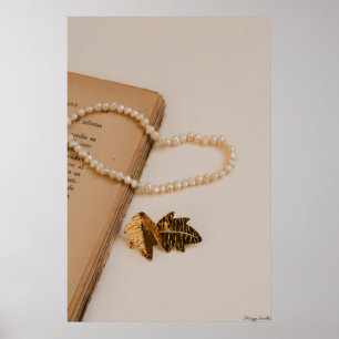 Poetic Relics: Pearls, Gold Leaves & Vintage Book  Poster