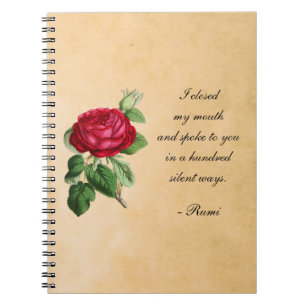 Poetic Rumi Quote Typography with Vintage Red Rose Notebook