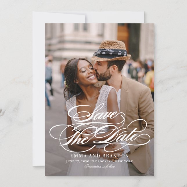 Poetic Script Elegant Wedding Save The Date Card (Front)