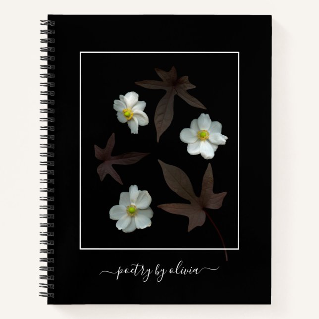 Poetry by Name White Flowers Dark Leaves Black Notebook (Front)