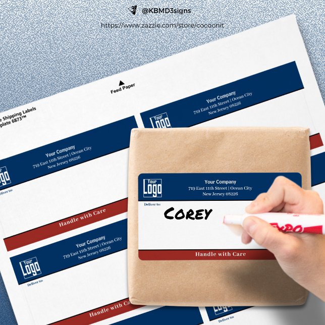 Poignée Avec Soin Logo Entreprise Livraison Bleue (Handle With Care Business Logo Blue Shipping Label)